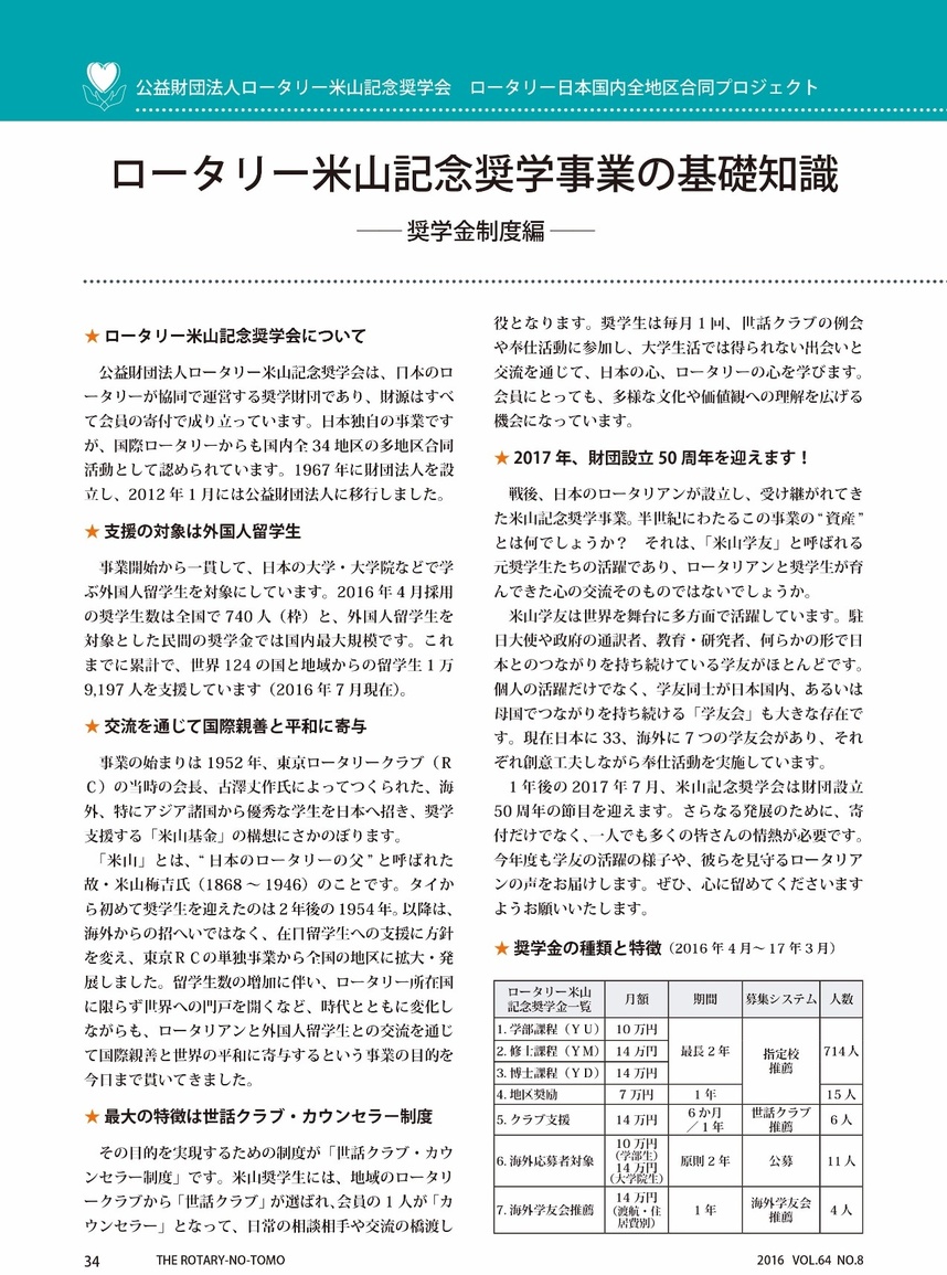ロータリー米山記念奨学事業の基礎知識 ―― 奨学金制度編 ――