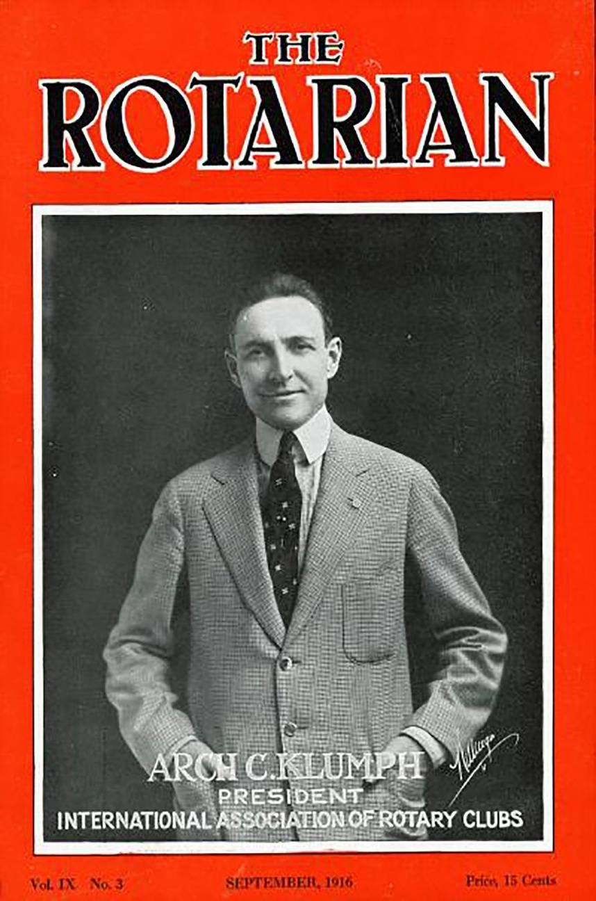 『The Rotarian』1916年9月号の表示を飾るクランフ。メッセージのなかで、クランフは会員に次のように呼びかけています。「ロータリーはいかなる人よりも、いかなる理事よりも偉大な存在である」© 2023 Rotary International